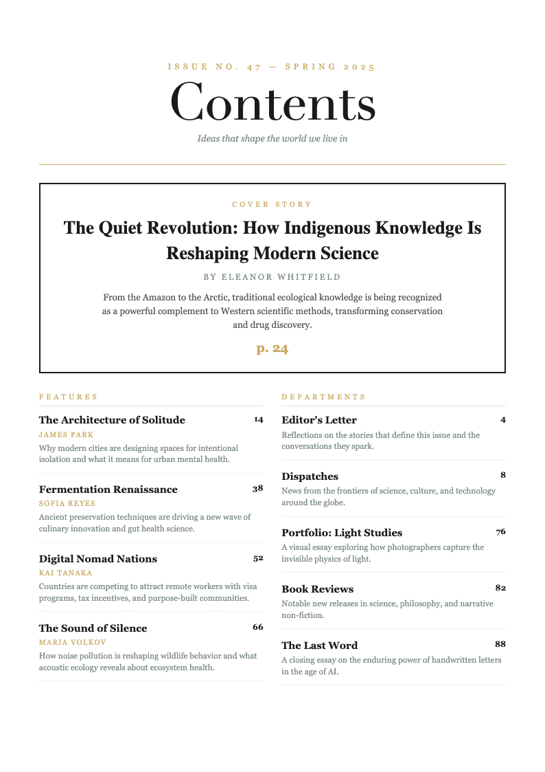 Editorial Magazine Table Of Contents With Content